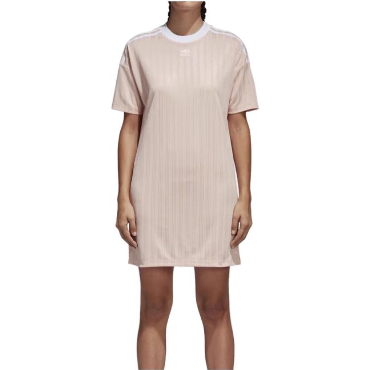 Adidas Originals Sports Lifestyle Series Solid Color Mid-Length Round Neck Casual Short Sleeve Dress Women Dresses Pink CE5589