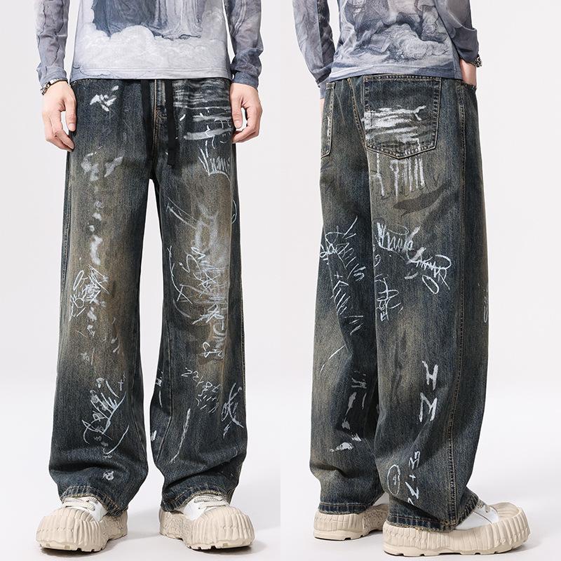 American Graffiti Printed Jeans Men's Loose Straight Wide-leg Pants