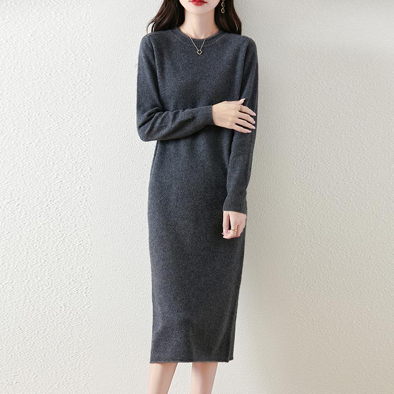 Damen Pulloverkleid 100% Wolle MODERN NEW SAGA O-Ausschnitt Strick Langer Pullover Winterpullover Wolle Langes Kleid Weiblich
