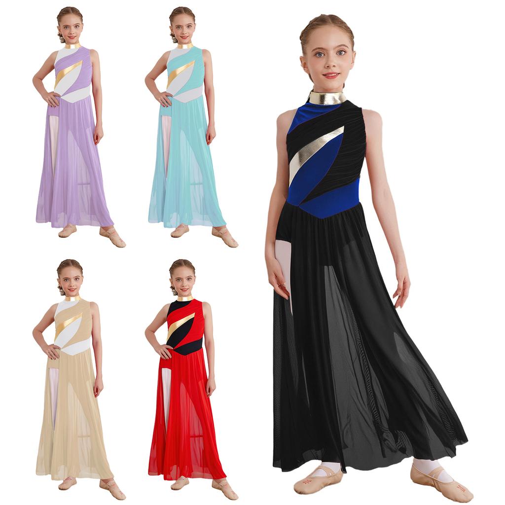 Zeitgenössisches Tanzkleid für Mädchen: Hoher Kragen mit gerafftem Netz-Oberteil, Seitenschlitz & Colorblocking-Design für Bühnenauftritte