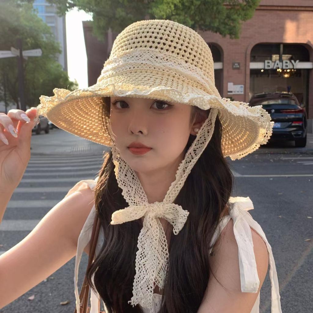 Sweet bow embroidered straw hat women's seaside vacation fisherman's hat children's summer hollow breathable straw visor