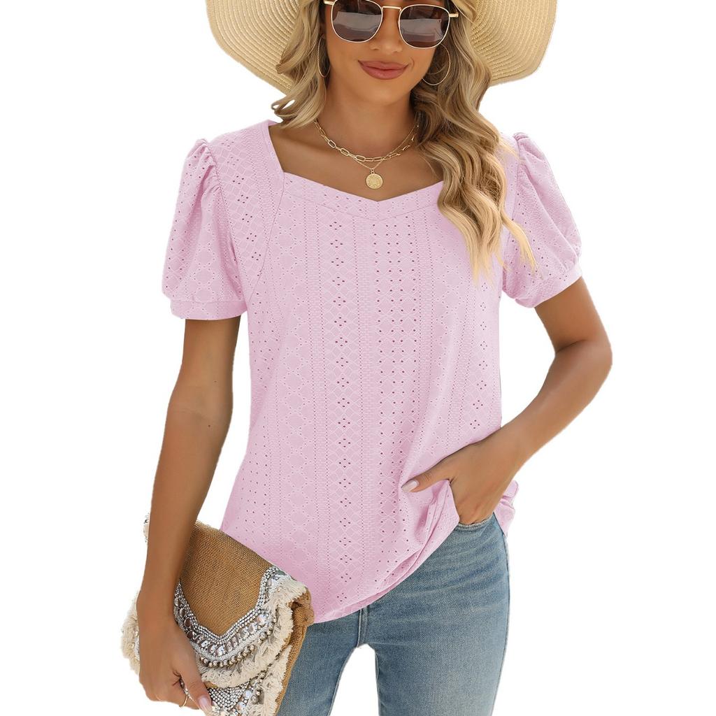 Spring Summer New Women's Solid Color Square Neck Puff Short Sleeve T-shirt Loose Casual Top For European American Cross-border