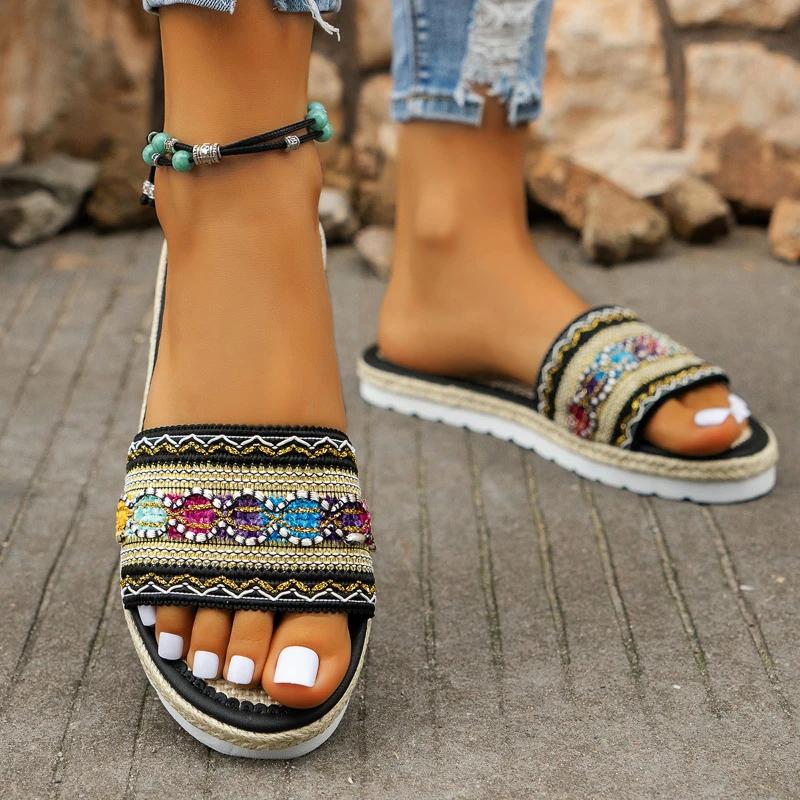 Bottines Chaussons pour Femmes Été Slip on Décontracté Bout Ouvert Strass Plat Semelle Souple Talons Hauts Chaussons pour Femmes