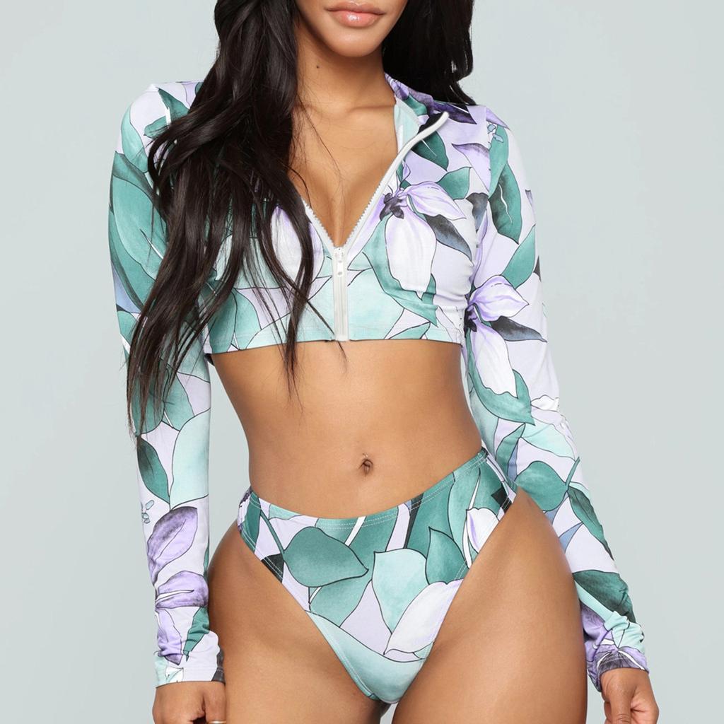 Summer Women's Print Long Sleeve Zip Print Swimwear Beachwear Bikini