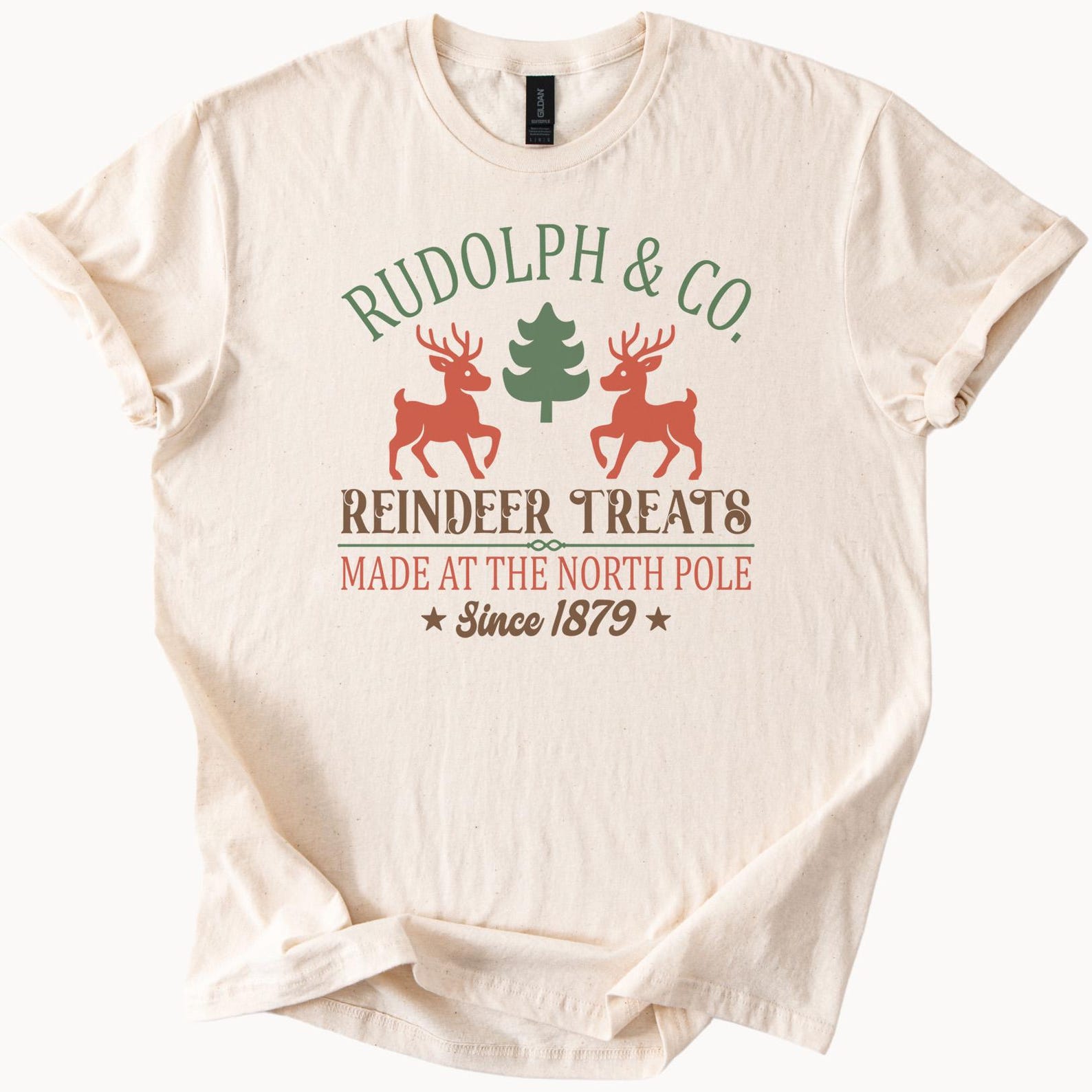 reindeer treats christmas t shirt rudolph and company north pole holiday graphic tee festive winter tree since 1879 apparel 120
