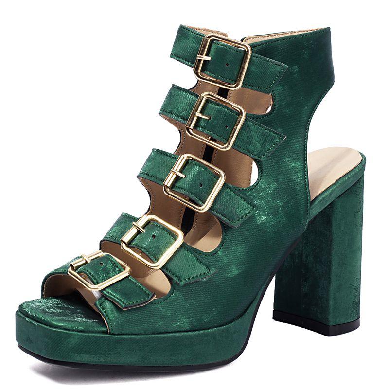 

Design Women Fashion Sandals Square Toe High Heels 9.5cm Platform 2cm Zipper Belt Buckles Metal Decor Big Size 45 46 35 зелений