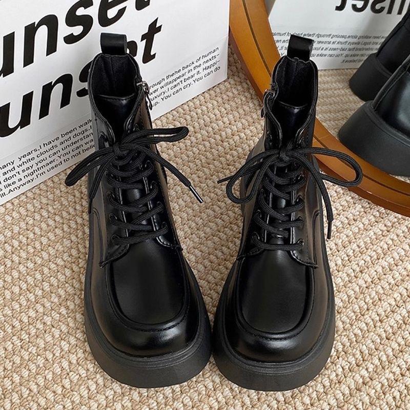 Brown Martin Boots Women's Spring and Autumn Platform Short Boots Ugly Cute Big Head Cigarette Boots Small Height Increasing Black Skinny Boots