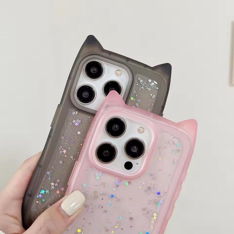 Sött tecknat kattöron glitter paljetter transparent skal för iPhone 16 15 Plus 14 Pro Max 13 12 11 mjukt silikon stötsäkert skydd