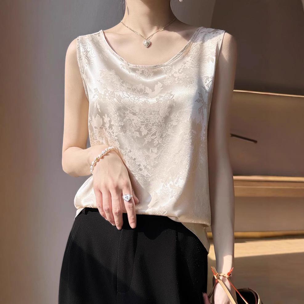 

Silky Women s Satin Camisole Vest - White Round Neck Sleeveless Summer Top S