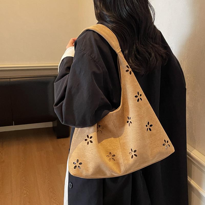 Yogodlns Faux Suede Women's Hollow Flower Shoulder Bags Matte Leather Female Underarm Bag Vintage Large Capacity Female Tote Handbags