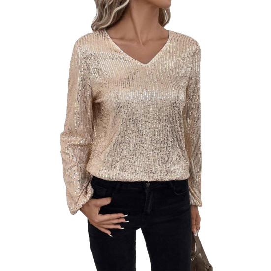 Women Tops V-Neck Lantern Long Sleeve Pullover Tops Loose Fit Solid Color Shiny Sequins Party Blouse Streetwear