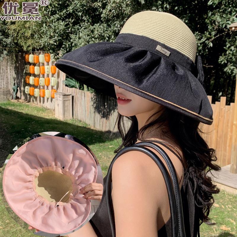 New Sun Hat Women's Summer Big Brim Sun Hat Bow Fisherman Hat Sun Protection Breathable Fashion Straw Hat Outdoor