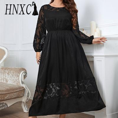 HNXC Moda Donna Estate Primavera Stampa Tinta Unita Manica Lunga O-Collo Abiti Casual a Vita Alta