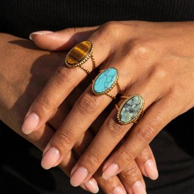 Vintage Bohemian Natural Stone Stainless Steel Ring Women Oval Turquoise Tiger Eye Adjustable Open Statement Finger Jewelry Gift
