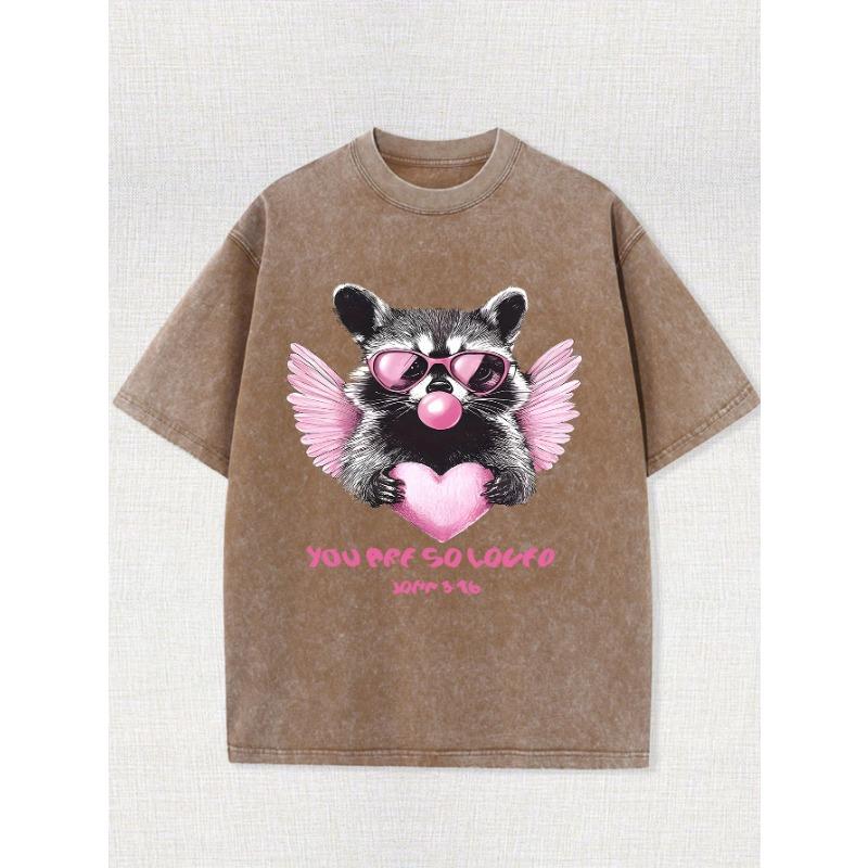 Men's Vintage Washed Cotton T-Shirt - Casual Loose Fit, Round Neck, Short Sleeve with Unique Raccoon Print and Heart Detail