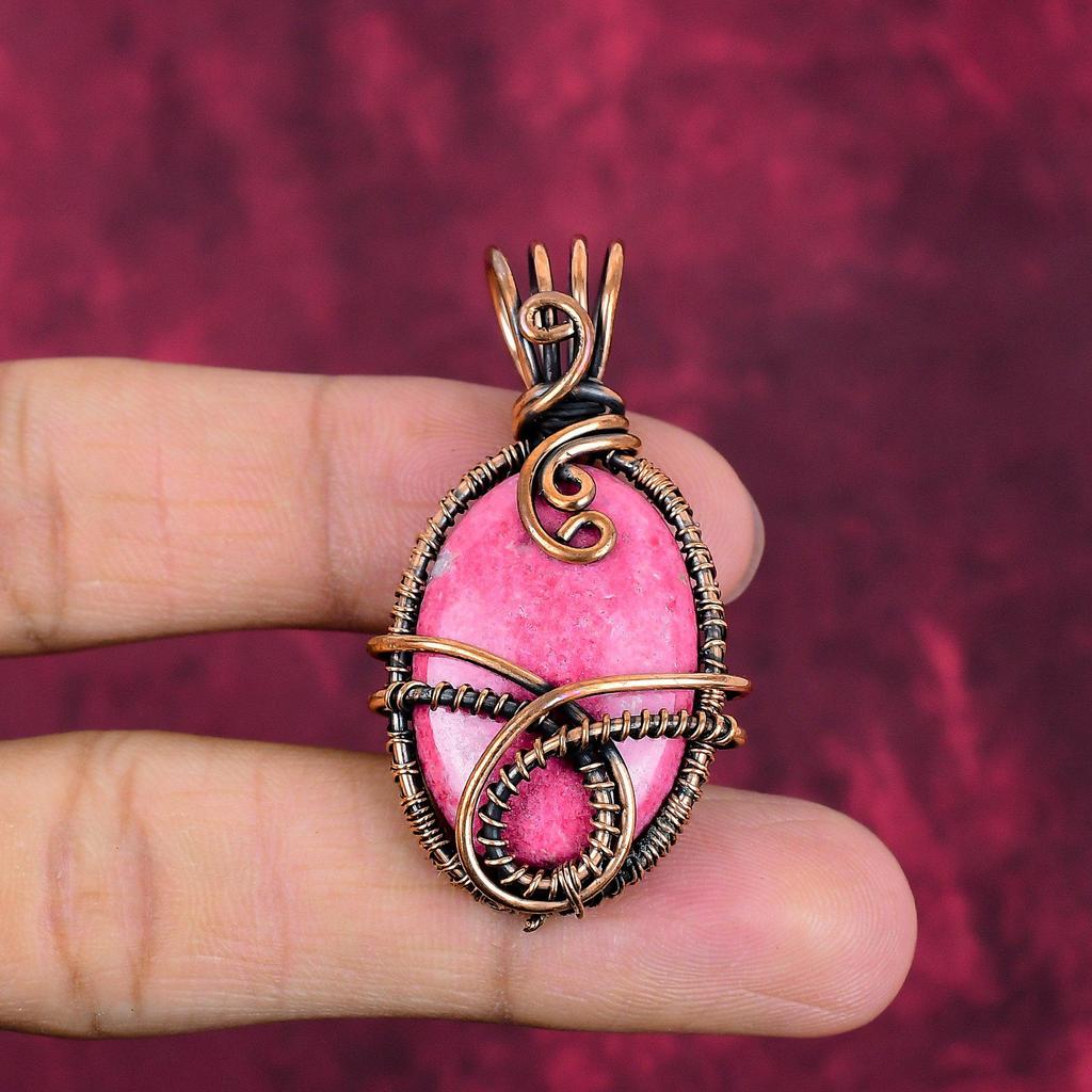 Thulite Gemstone Pendant Copper Wire Wrapped Jewelry Handmade Designer Pendant