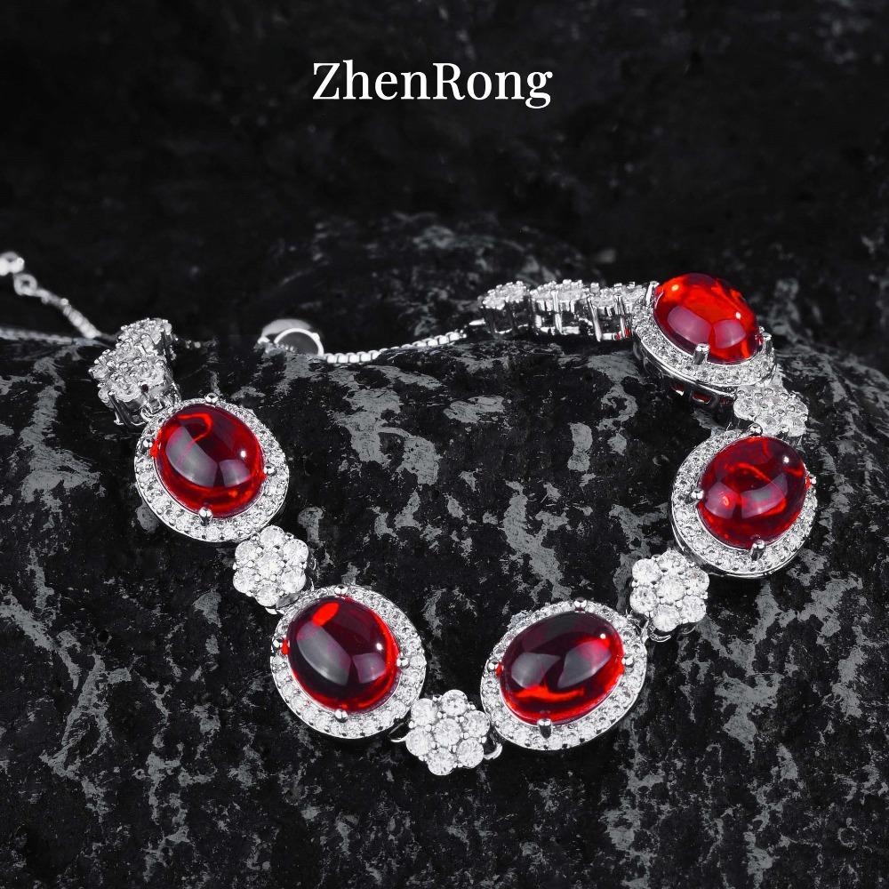 Women Jewelry Set Glossy Pigeon Blood Ruby Zircon Necklace Earrings Open Ring Stretch Bracelet