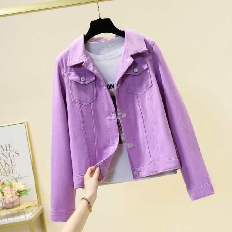 

Женская джинсовая куртка на весну и осень, повседневная короткая джинсовая куртка, женская корейская версия, однотонная куртка, одежда XXXL фиолетовый