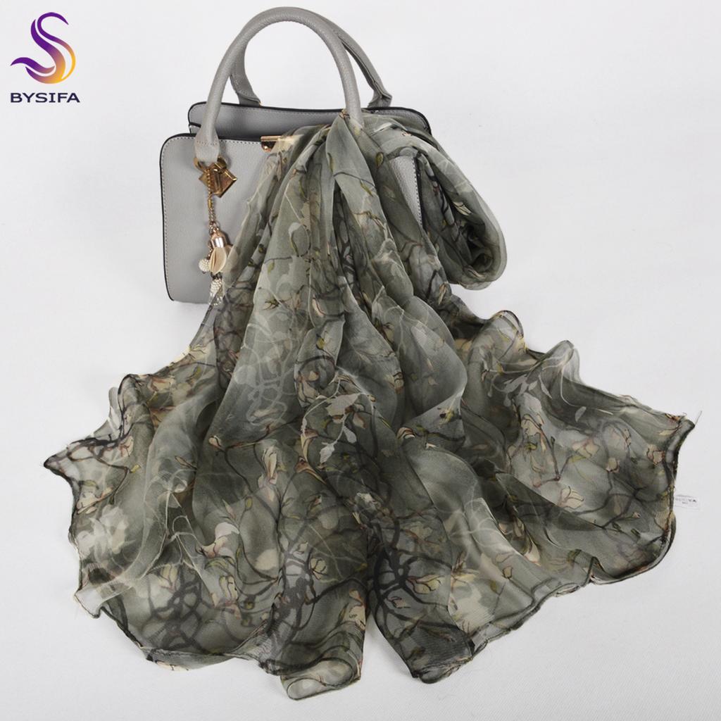 BYSIFA| Beige Pink Women Long 100% Mulberry Silk Scarf Printed Fashion Leave Pattern Brand Spring Ladies Scarves Shawls  170*105