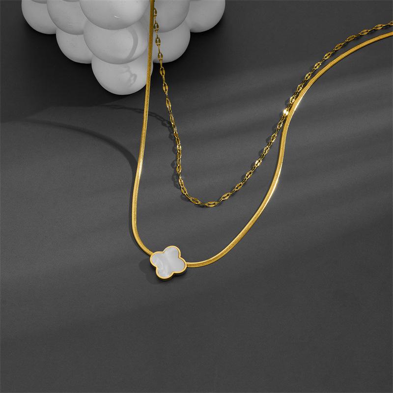 Four-Leaf Clover Black & White Double-Layer Chain Necklace in Gold-Tone Titanium Steel