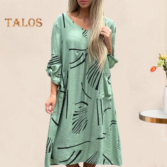 

Женское летнее платье с v-образным вырезом и рукавами три четверти, свободное повседневное платье миди больших размеров с накладным карманом и принтом длиной до колена. 3XL белый