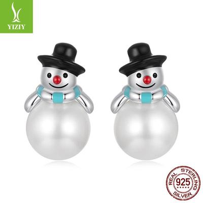 Yinziyun Creative Christmas Snowman Earrings with Shell Pearl and S925 Sterling Silver, Ideal Women's Christmas Gift.