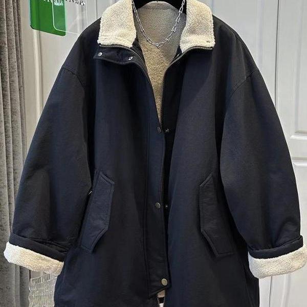 Korean High Collar Women's Winter Work Jacket, Plus Velvet, Cotton Padded, Loose Fit, Slimming, Mid-Length