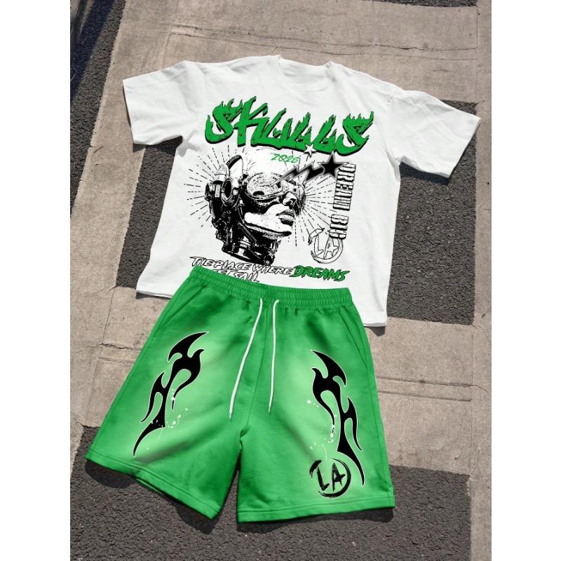 

Men s Summer Casual Portrait Letter Printed Round Neck Short Sleeved T-Shirt And Shorts Set Men s Black And Purple Shorts Set 4XL
