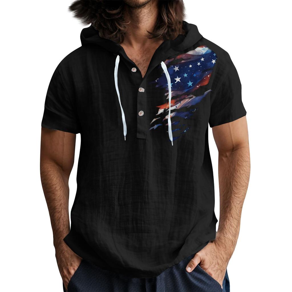 Lässiges T-Shirt mit kurzen Ärmeln und Kapuze für Herren mit Knopfleiste und offenem Hals