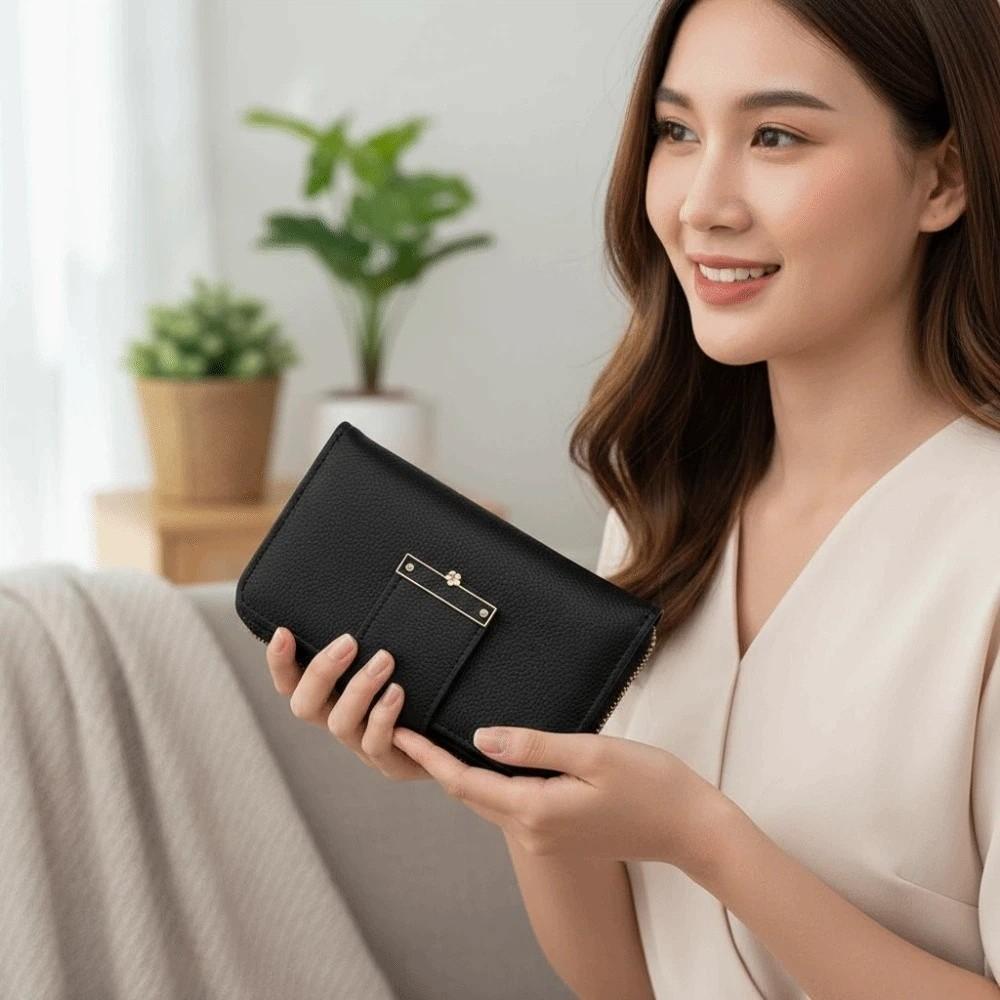 Portable Solid Color Wallet Multiple Card Anti-splash Water Women Card Bag Polyester Fashion Zipper Leather Purse for Mom