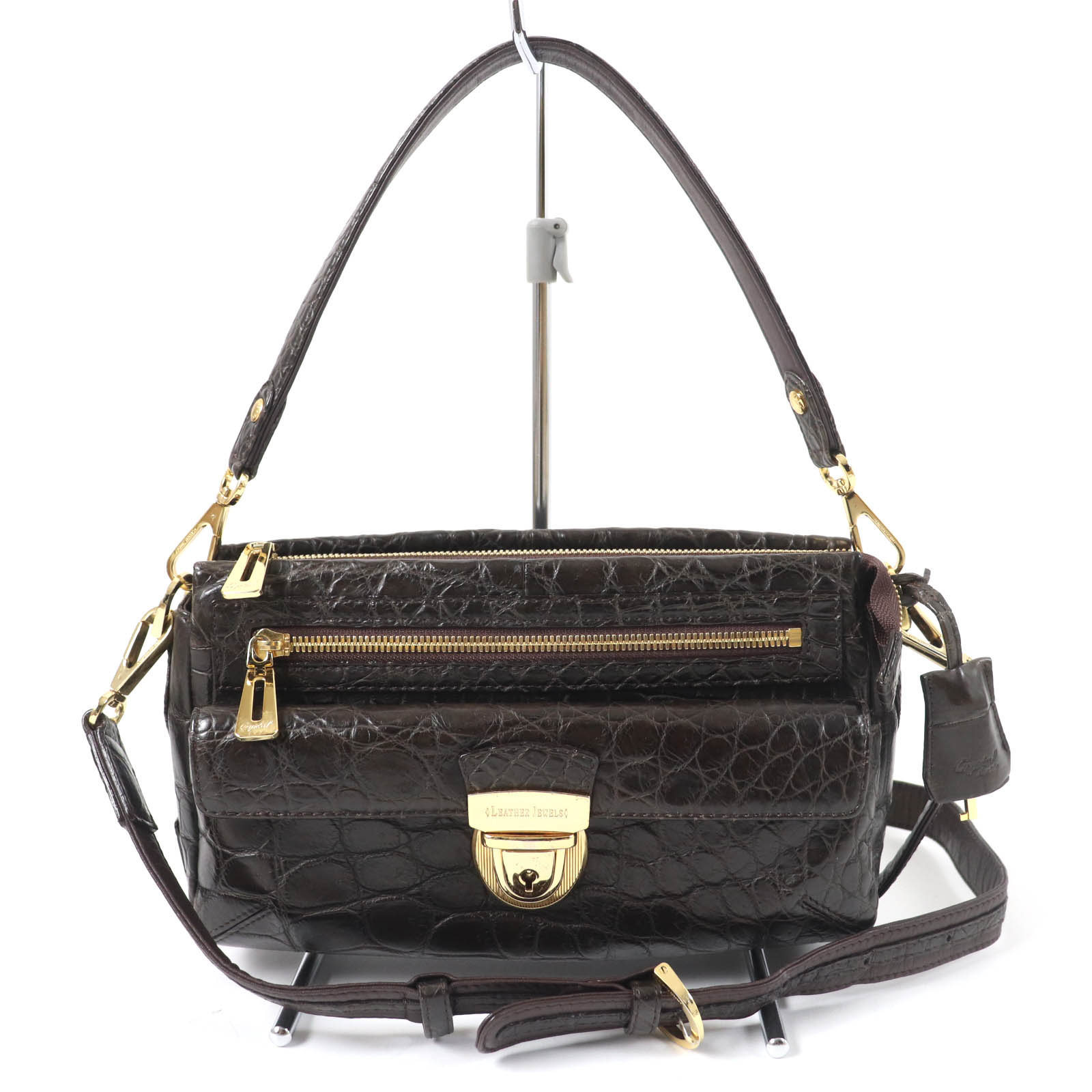 Great LEATHER JEWELS Shoulder Bag JRA tagged crystal crocodile leather 2WAY handbag Dark brown Crocodile Women Used