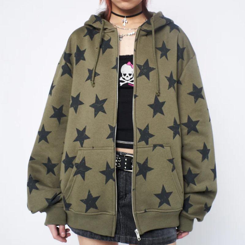 Y2k Oblečení Vintage Hvězda Oversized Mikina Bunda Harajuku Goth Dlouhý Rukáv Dámská Mikina 2000s Hip Hop Mikina na zip s kapucí Top
