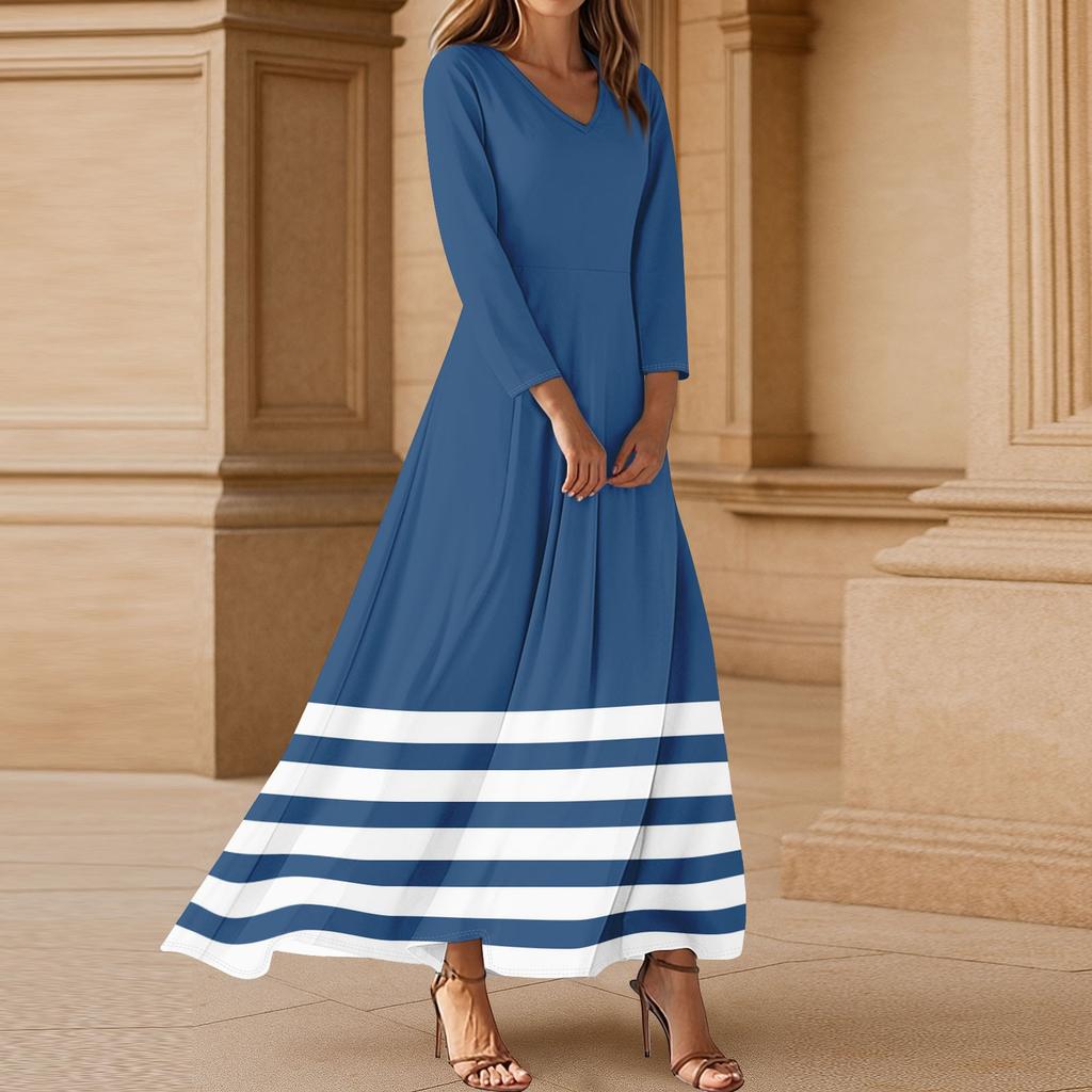 Women's Three-quarter Sleeves Fashionable Floral Stripe Print Loose Casual Comfortable Dress