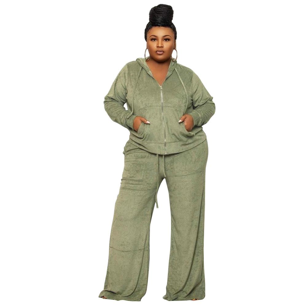 Übergröße Samt Damen Zweiteiliges 2-teiliges Set Outfits Mode Kurve Gerade Hosen Anzug und Trainingsjacke Street Trainingsanzug