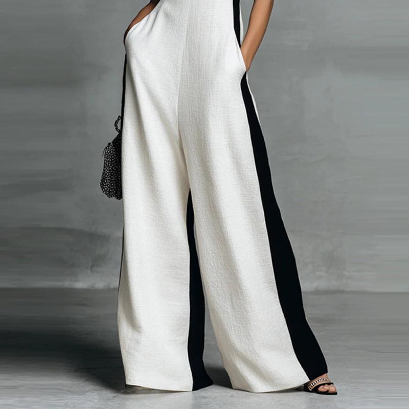 2026 Black & White Color Block Women's Deep V-Neck Jumpsuit with Thin Straps