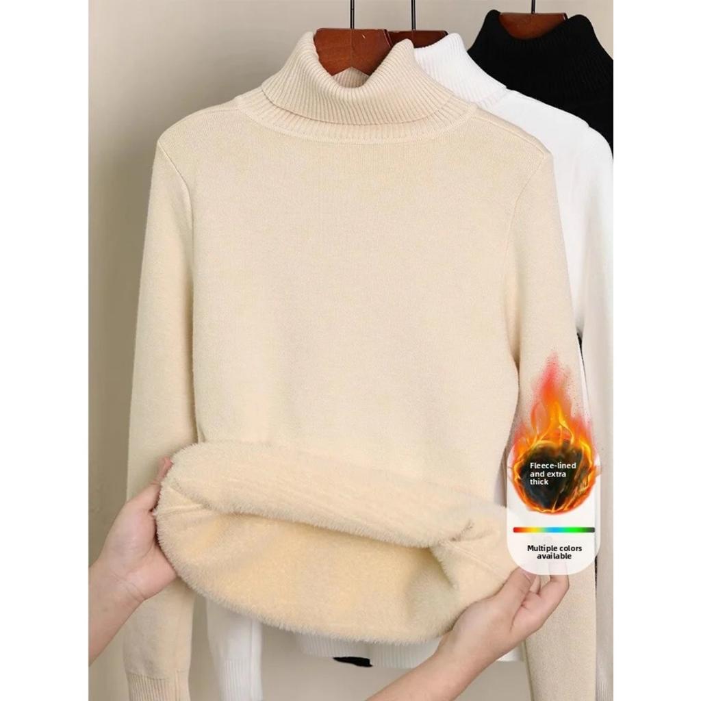One Piece Velvet High Neck Sweater with Thickened Velvet for Women, Autumn and Winter New Warm Long Sleeved Base Sweater