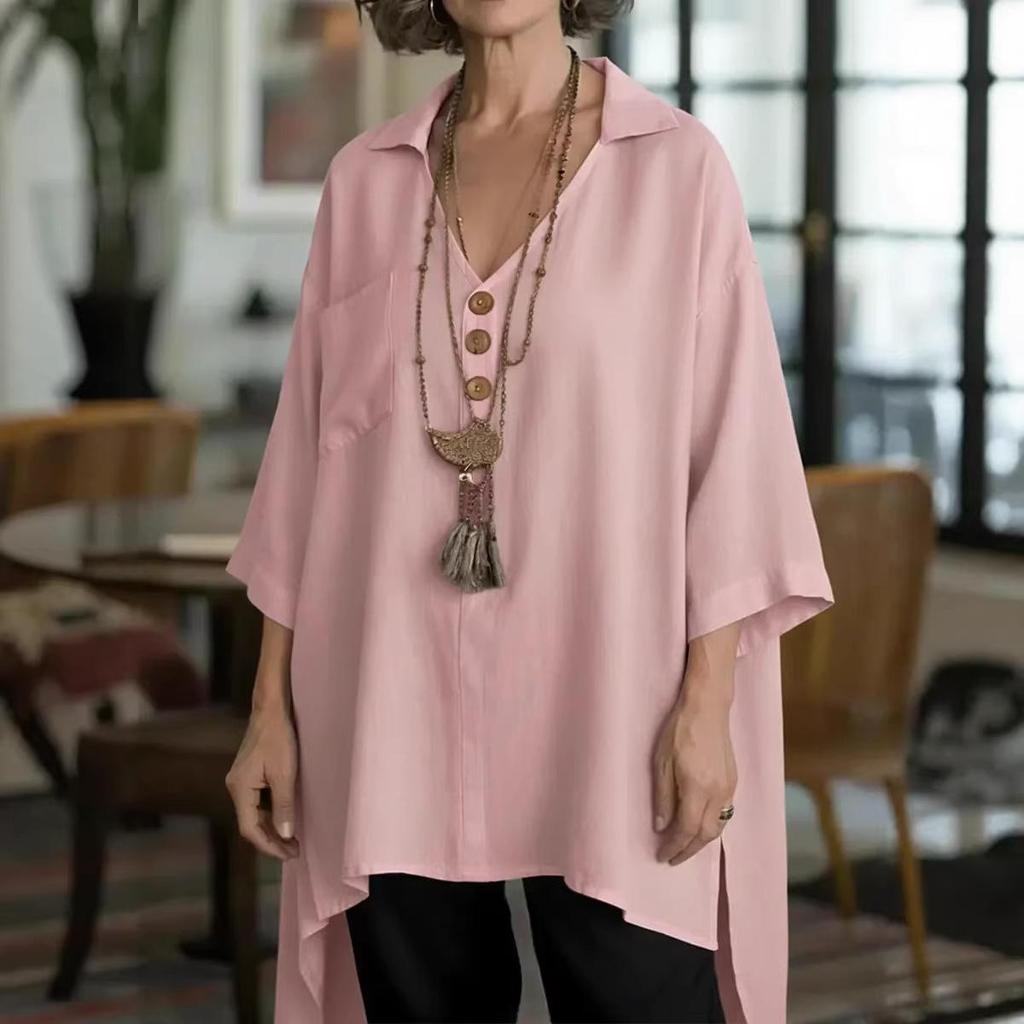Spring/Summer 2026 Women's Cotton-Linen Top: European & American Style, Solid Color, Casual Loose Fit with Buttoned Short Front-Back Design.