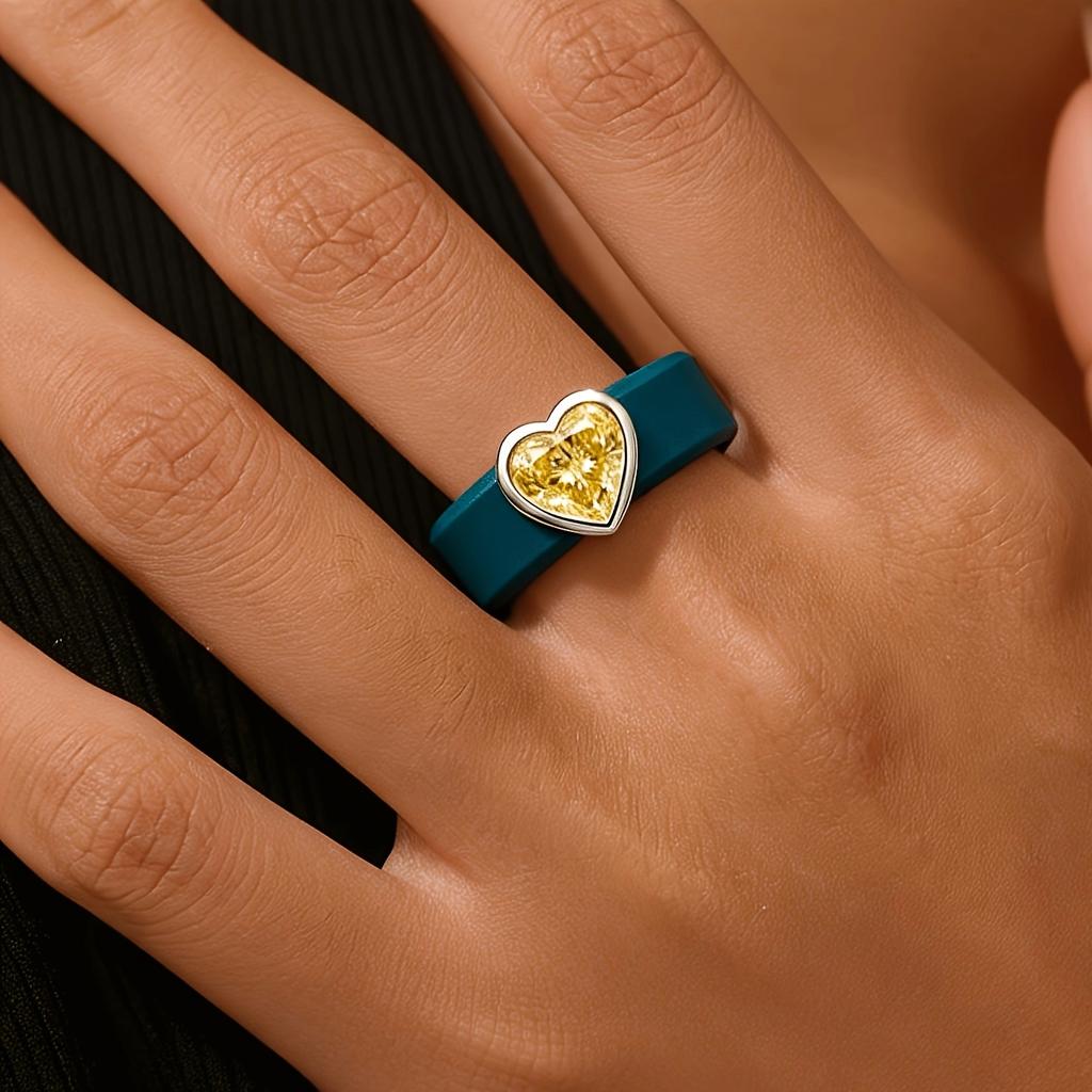 14K Golden Plated Blue Silicone Ring with Heart-cut Yellow CZ ,Hypoallergenic Comfort Band, Ideal Wedding & Valentine's Gift