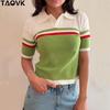 TAOVK Vintage Stripe Knit Tops Summer Short Sleeve T-shirt Women Polo Neck Short Tees Sweaters Pullover Chic