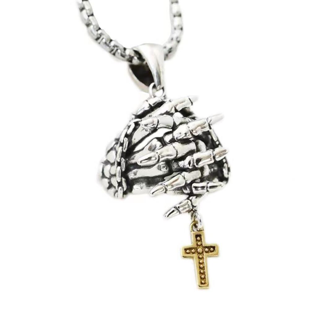 Unique Prayer Hands Skeleton Crucifix Necklace/Pendant Stylish Jewelry for Rock Enthusiasts and Religious Believers