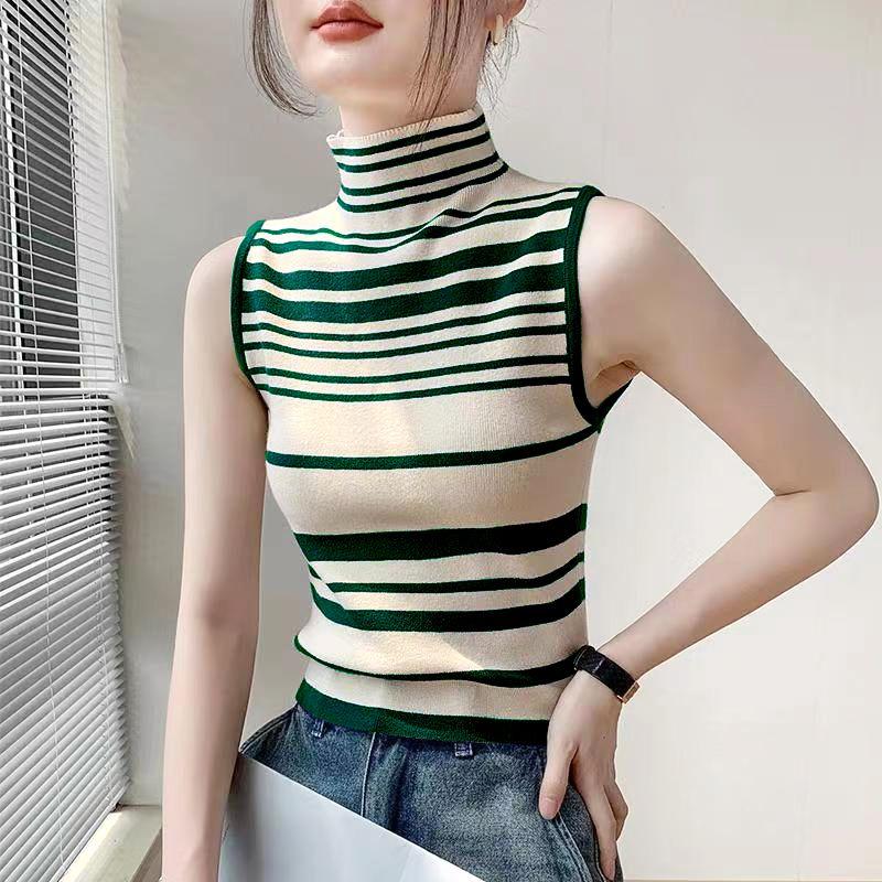 

Striped High Neck Knitted Sleeveless Vest New Slim Fit Pullover Top XL