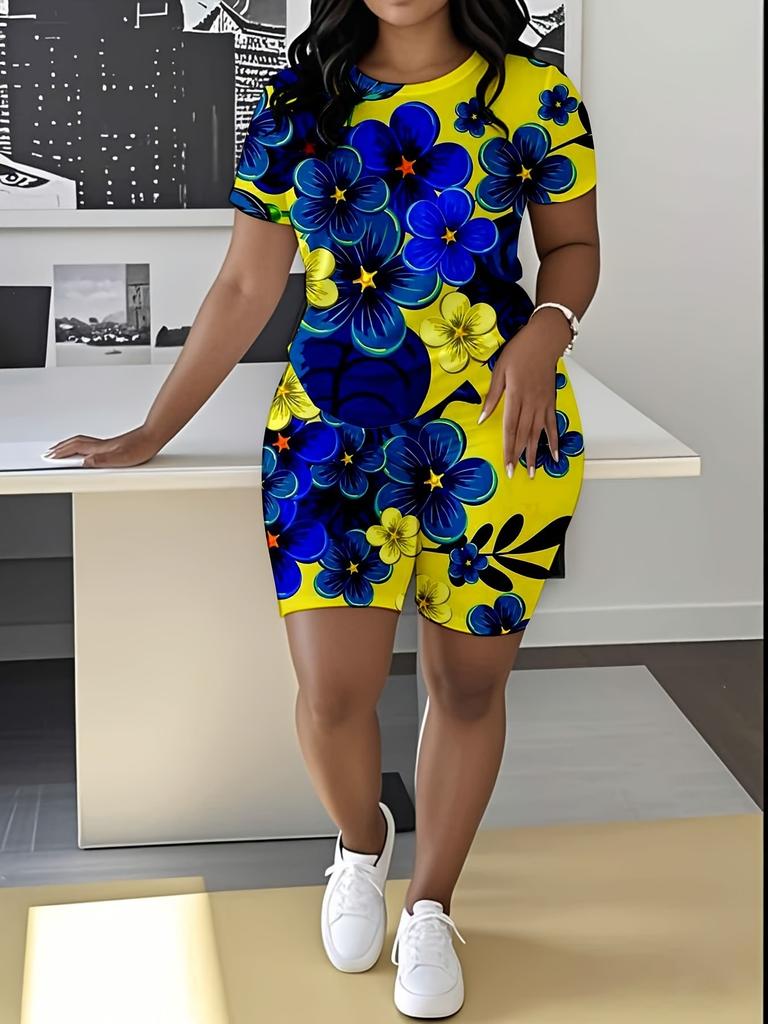 Butterfly Ladies Casual Suit Short Sleeve Shorts 1D Digital Flower Printing Fashion T-Shirt Two-piece Set