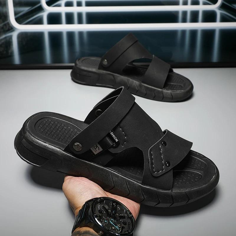 Fashion Men's Summer Fashion Sandals Thick Bottom Anti-slip Casual Beach Shoes Soft Leather Breathable Two-use Slippers