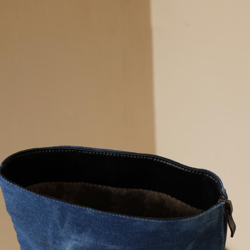 Fashion Blue Jeans Knee High Boots Women Shoes Spring Winter Point Denim Heels Long Boot Dance Party Shoes Female Large Size 44 46