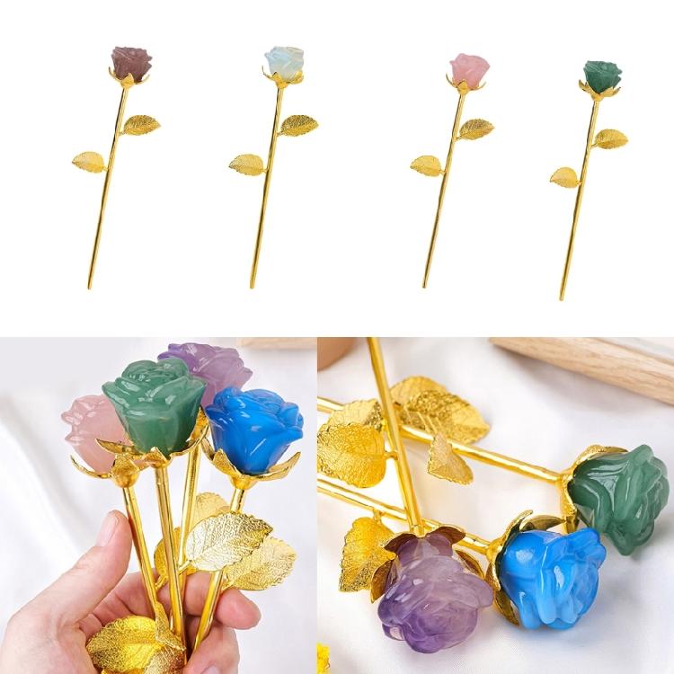 Stone Rose Carving Sculpture Gold Mount Desk Accessory Elegant Home Decors Beautiful Table Adornment Rose Shape Decors