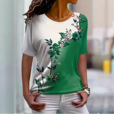 Spring Summer Women's Floral Print Gradient T-Shirt Casual Short Sleeve Crew Neck Top