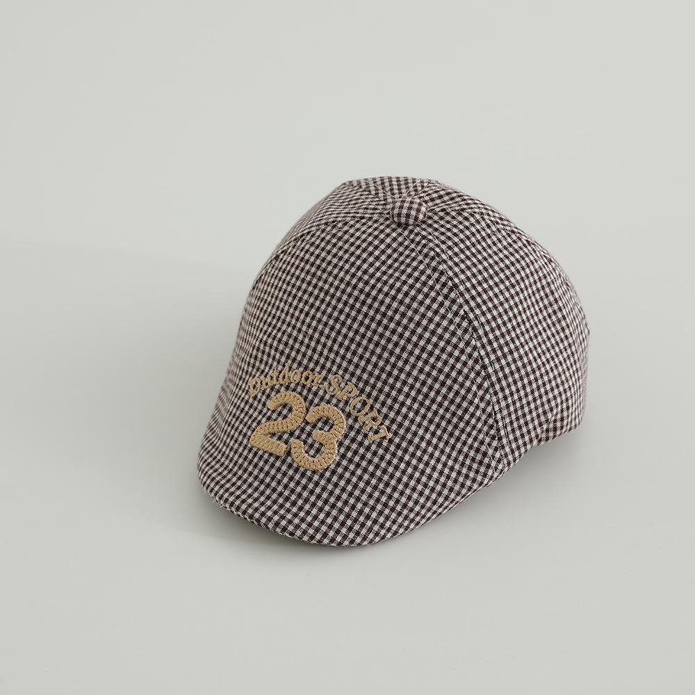 Retro Plaid Baby Beret – Spring/Summer Sun Hat with Embroidered "23" for Infants & Toddlers