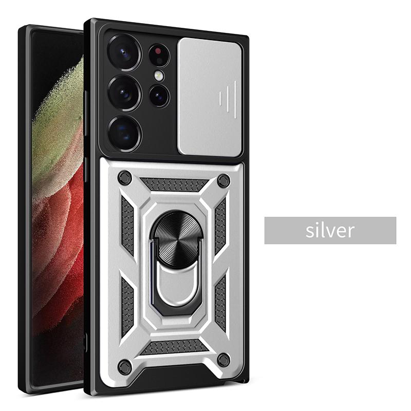 Sergeant Level Camera Sliding Window Phone Case For Samsung S25 S24 S23 S22 Ultra Plus Ring Bracket Shockproof Protective Cover