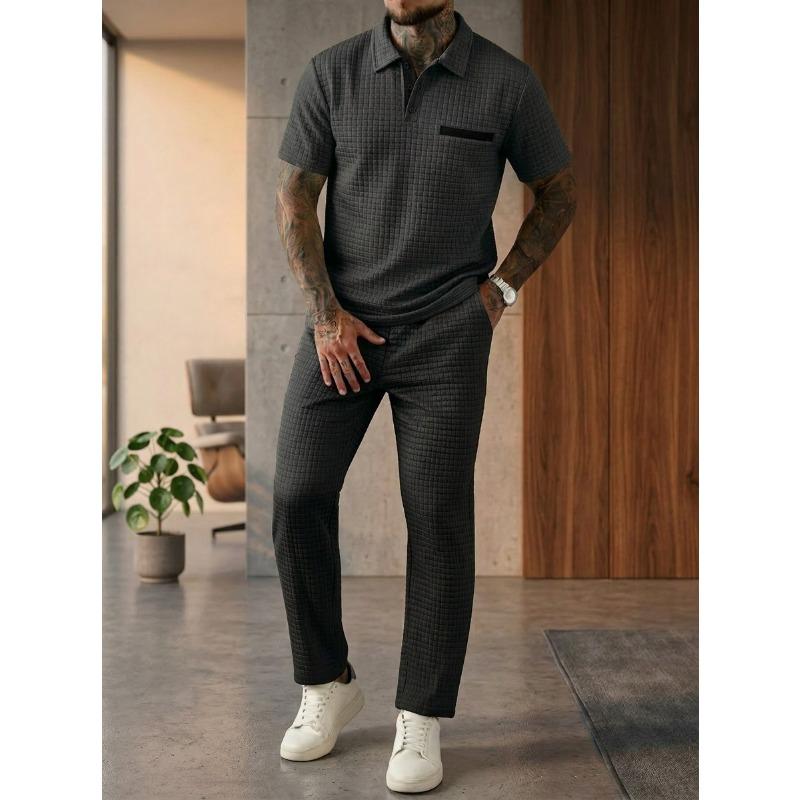 Solid Waffle Mens Casual Short Sleeve Polo Shirt And Long Pants Set