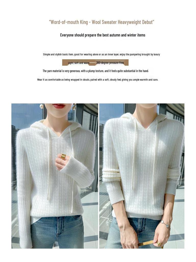 Damen Oversize Zopfstrick-Wollpullover mit Kapuze und Kordelzug: Herbst/Winter Pullover im literarischen Stil